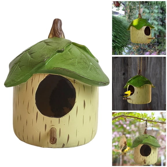 KMWGRE Handmade Resin Leaf Birdhouse Garden Ornament Outdoor Indoor Patio Yard Decorative Bird Figurine Beige 12x9cm