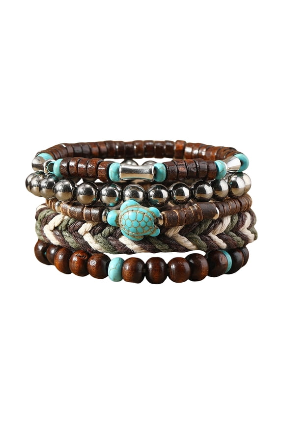 5 Pcs Braided Bracelet Set Different Shapes Weaving Wooden Bead Decor Turtle Pendant Bohemian Style Faux Turquoise Stone Stone Bracelet Wrist Jewelry