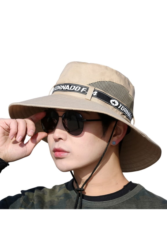 Men Outdoor Hat Sunscreen Wide Brim Flat Top Round Letter Print Anti-UV Windproof Strap Hollow Out Men Fisherman Hat Headwear ,Gift