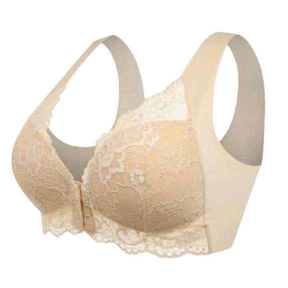 KMYY Women Bra Lace Front Closure Floral Embroidery Full Support Elastic Wide Straps Push-up Wire-free Full Cup Bra for Daily Sport