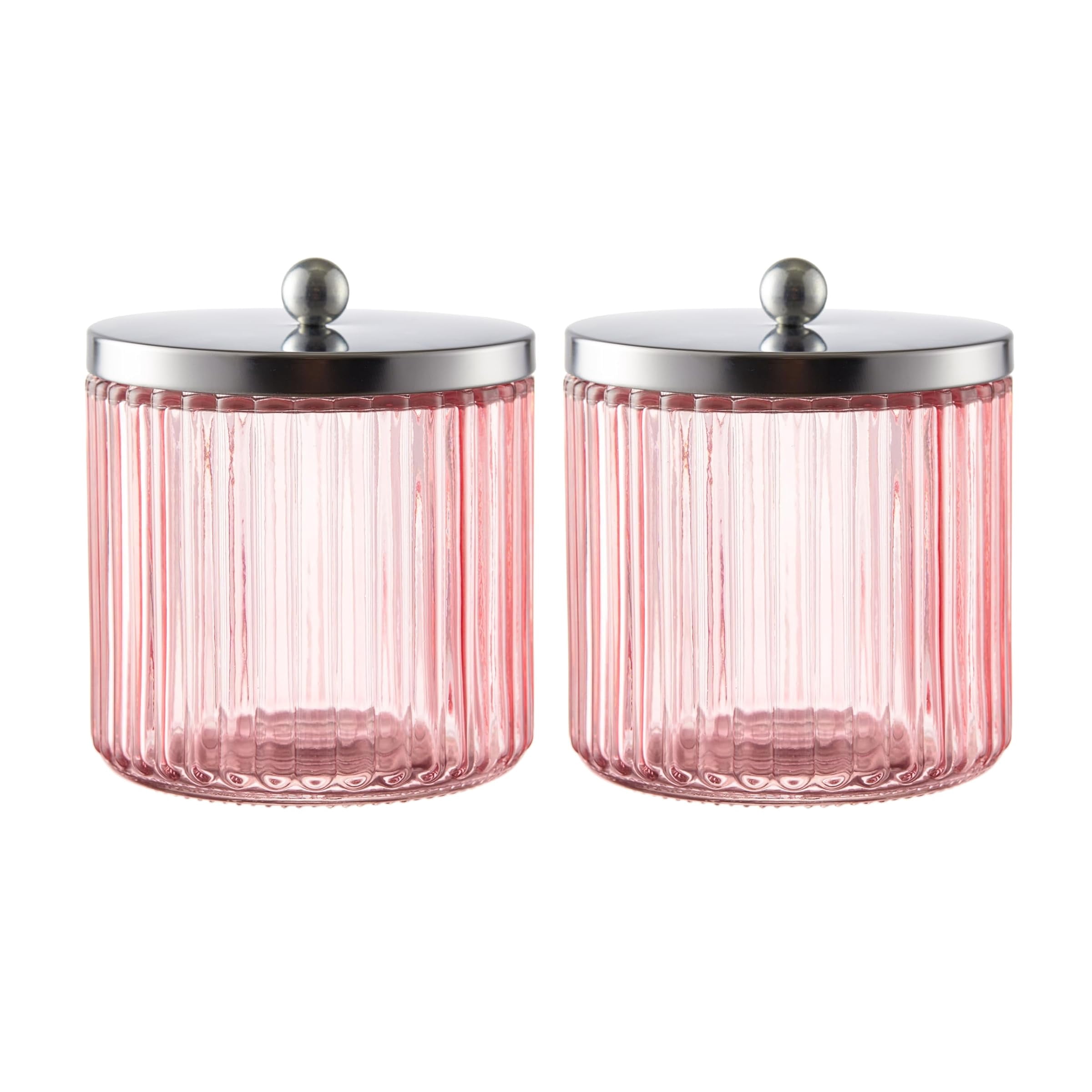 KMwares 2-Pack Pink Glass Bathroom Canister Set with Silver Metal Lids ...