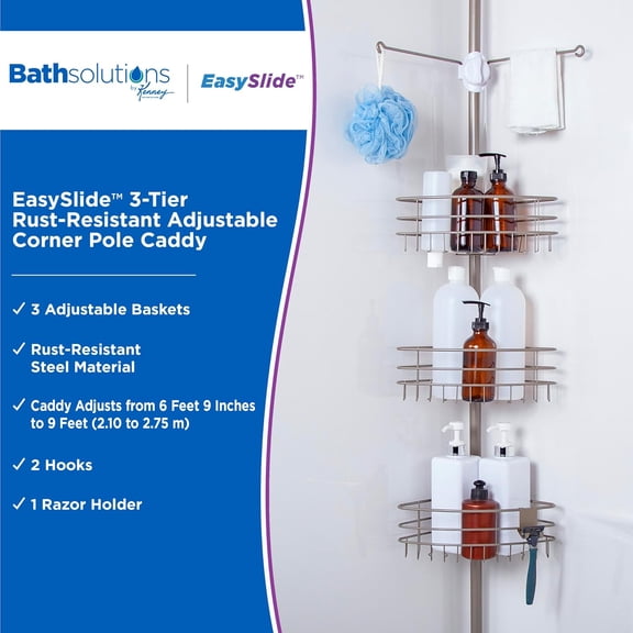 KN614128 Easy Slide Adjustable Height Spring Tension Metal Corner Pole Shower Caddy with 3 Rust-Resistant Baskets, Towel Bars, and Holders in Brushed Nickel
