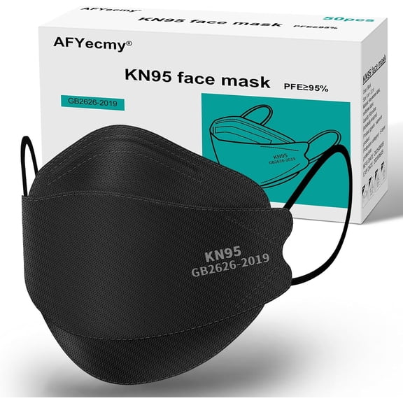 KN95 Face Masks Black 50 Pack for Adults, Breathable Disposable with Elastic Ear Loops