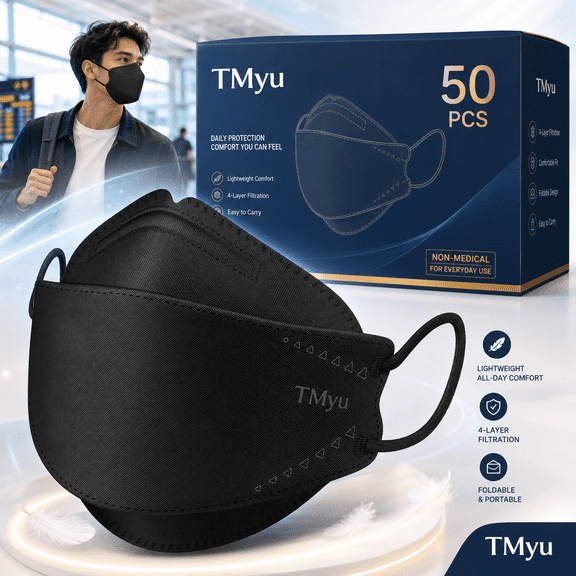 KN95 Face Masks for Adults, Black 4-Layer Foldable Nonwoven Masks with Ear Loops, 50 Count