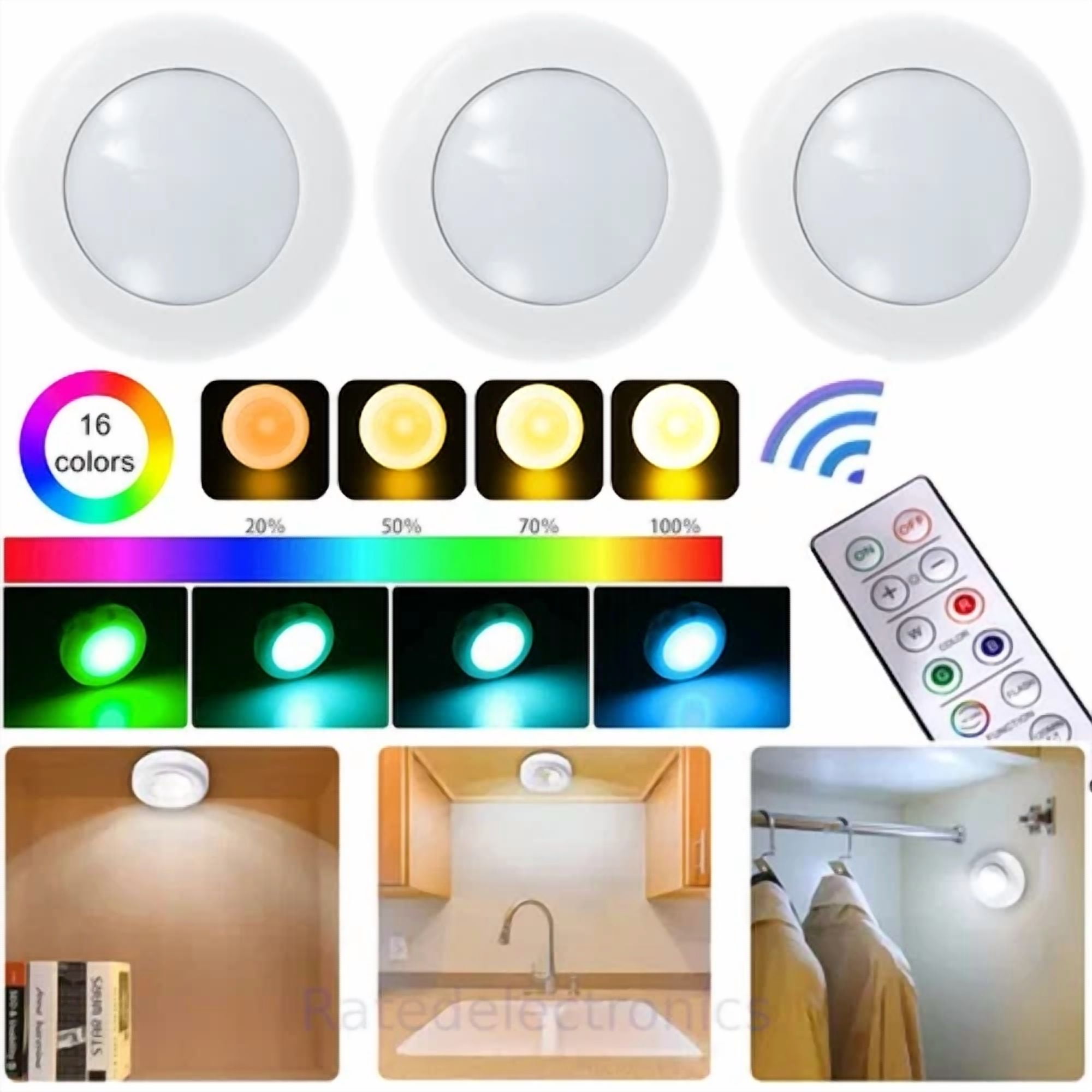 KNACK - 3Pc Wireless Led Puck Light Cabinet Lighting Kit Kitchen Under Counter Light Us