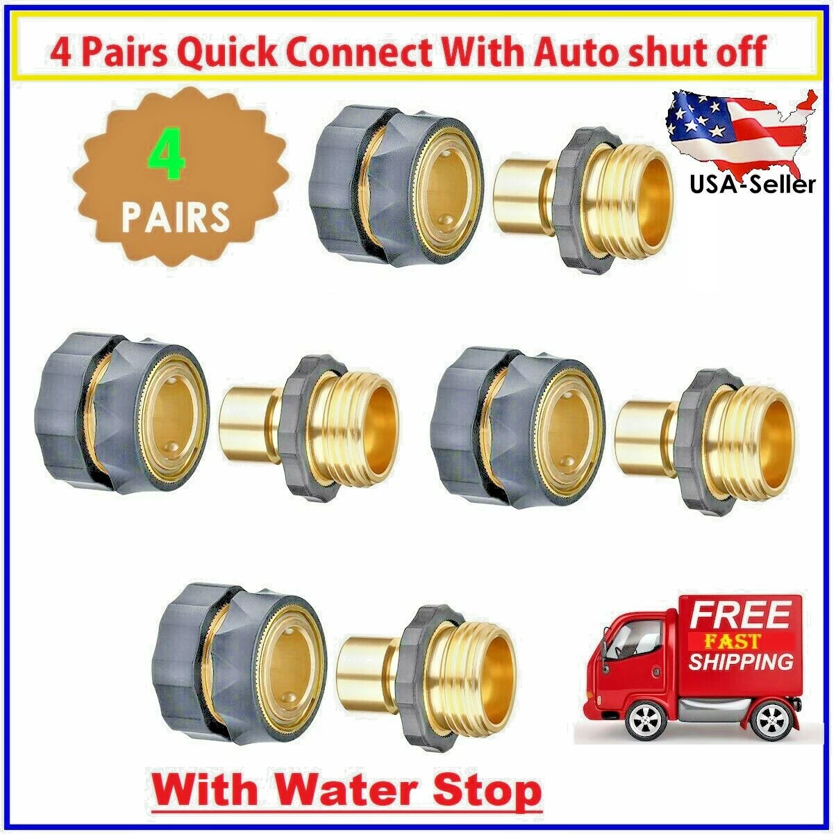 KNACK - 4 Pairs Garden Hose Quick Connect Brass Anodized Aluminum Female Male Shut Off