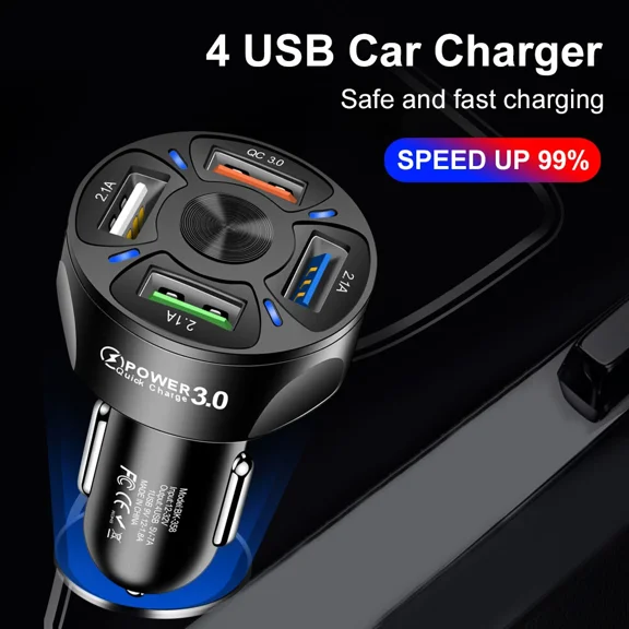 KNACK- 4 Usb Phone Car Charger Adapter Led Display Qc 3.0 Fast Charging Car Accessories
