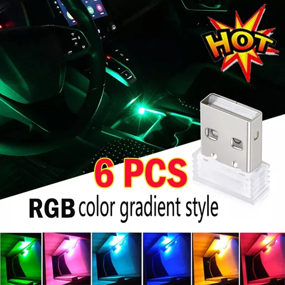 KNACK- 6X Mini Rgb Led Usb Car Interior Light Neon Atmosphere Ambient Lamp Accessories
