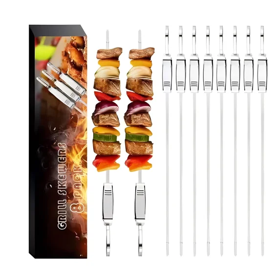 KNACK - 8-Pack 17" Flat Grill, Bbq Stainless Steel Shish Kebab Skewers With Push Bar