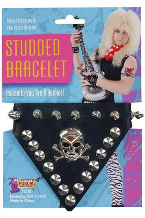 - 80'S Skull Silver Studded Black Rocker Punk Bracelet