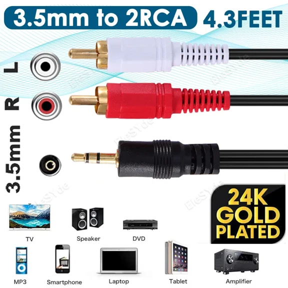 KNACK- Aux 3.5Mm To 2 Rca Cable - Stereo Audio Male Cord 3.5 Mm Headphone To 2Rca