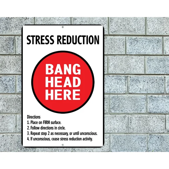 KNACK - Bang Head Here Stress Reduction Sign Aluminum Metal 8"X12" Funny Office Man Cave