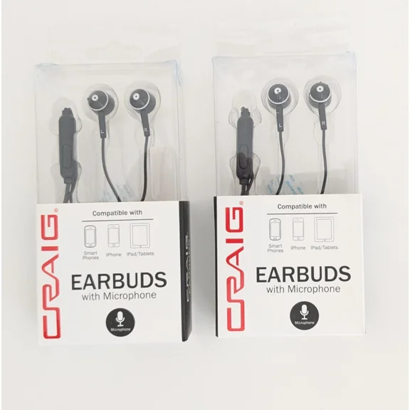 KNACK - Craig Stereo In-Ear Silicon Cushion Earbuds With Microphone Durable Cable 2 Pack