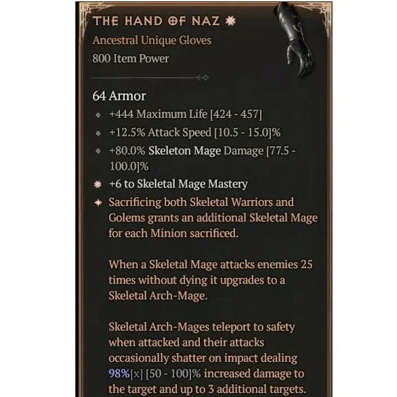 KNACK- Diablo 4 S9 The Hand Of Naz 1Ga 98 Unique Gloves Necromancer Item Gear Equipment