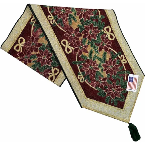 KNACK - Manual Star Table Runner Christmas Poinsettia Ribbon Tapestry Red Shiny G Thread