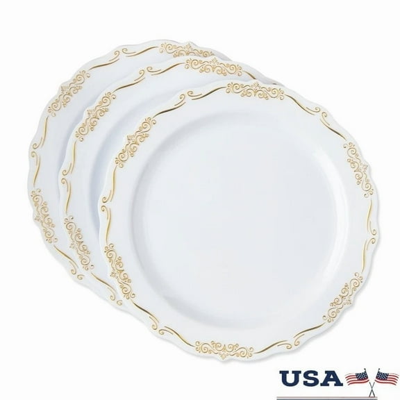 New Knack - Ornate Disposable Plastic Plates 7In Gold Trim Elegant Party Tableware 20Count