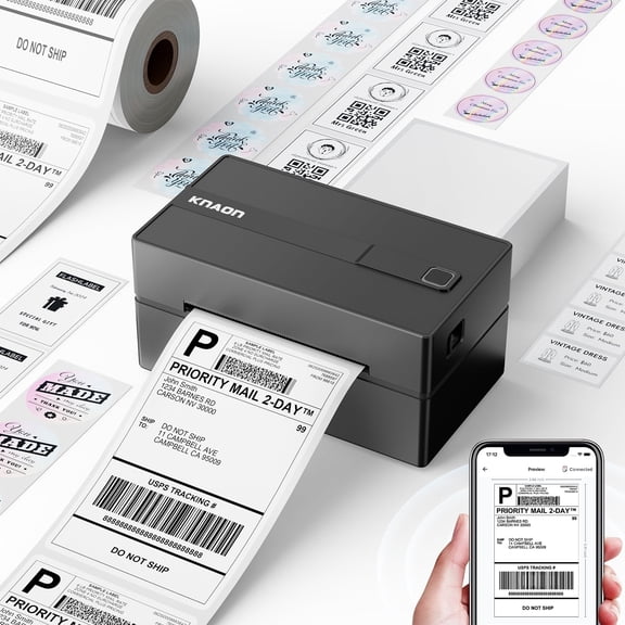 KNAON Bluetooth Thermal Shipping Label Printer, Wireless 4" x 6" Label Printer for Small Business, Compatible with iOS, Android, Windows, Mac, Chromebook, Amazon, eBay, Etsy, UPS, USPS & FedEx Black
