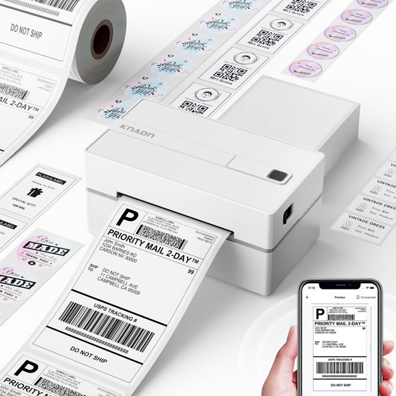 KNAON Bluetooth Thermal Shipping Label Printer, Wireless 4" x 6" Label Printer for Small Business, Compatible with iOS, Android, Windows, Mac, Chromebook, Amazon, eBay, Etsy, UPS, USPS & FedEx White