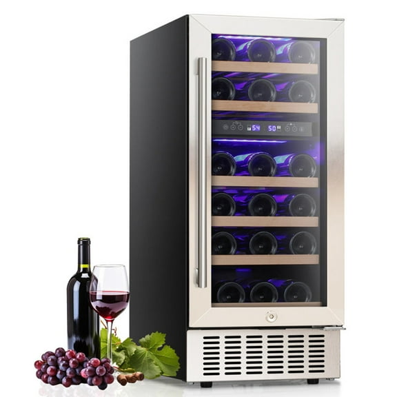 KNDKO 15" Wine Cooler Refrigerator, 28 Bottles Dual Zone Freestanding Fridge with Stainless Steel & Double-Layer Tempered Glass Door