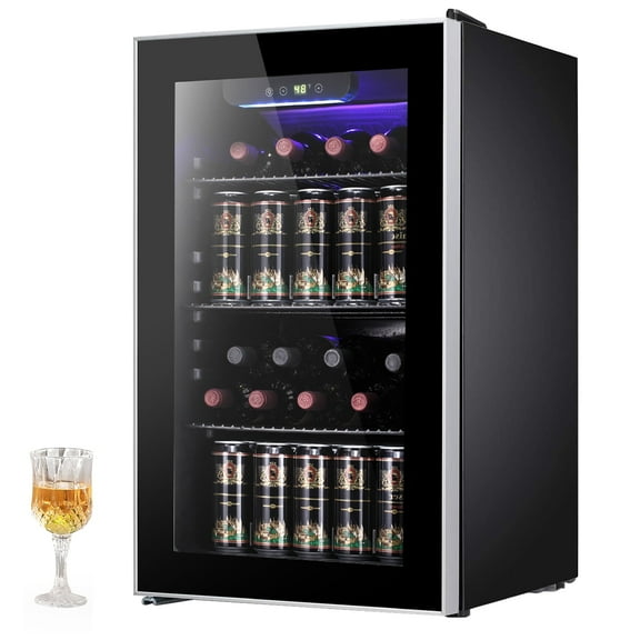 KNDKO 26 Bottle 130 Can Wine Cooler/Cabinet Beverage Refrigerator Mini Wine Cellar Beer Soda Clear Glass Door Bar Fridge Quiet Compressor Adjust Temp Freestanding Indoor Use 3.2cu.ft Black