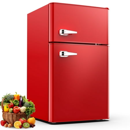 KNDKO 3.2 cu ft. Compact Refrigerator with Freezer, Mini Fridge 2-Door Adjustable Removable Retro Stainless Steel Shelves, Red