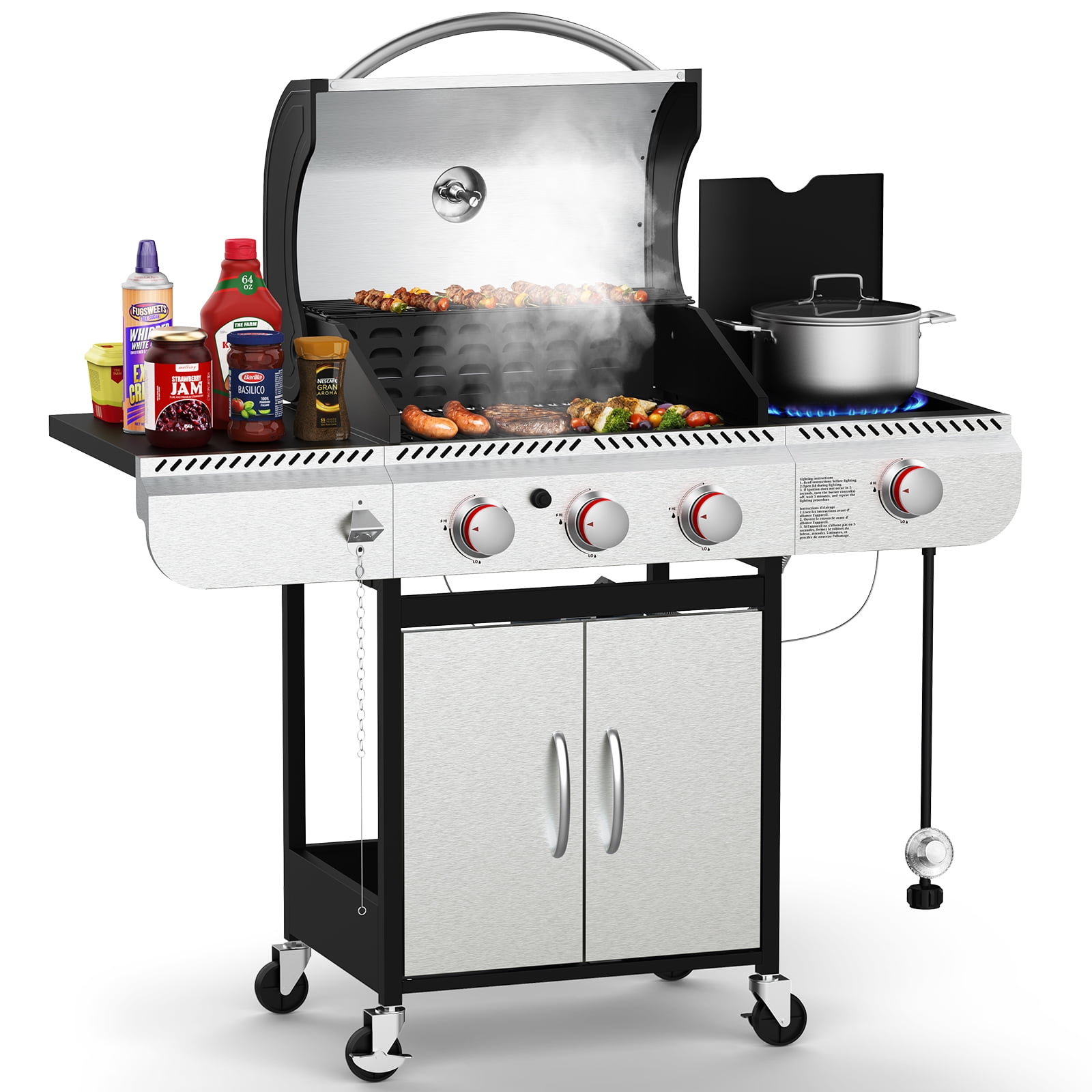 KNDKO 3-Burner Propane Gas Grill with Side Burner, 37,000 BTU Stainless Steel BBQ Grill, Porcelain-Enameled Cast Iron Grates, Heavy-Duty Design for Camping & Outdoor Cooking