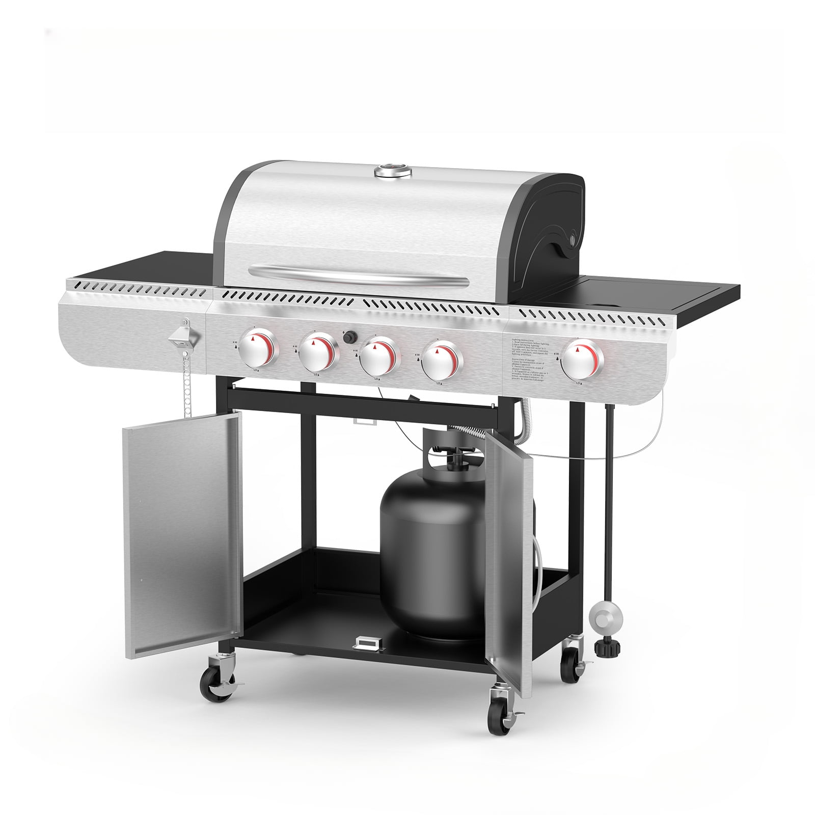 KNDKO 4-Burner Propane Gas Grill with Side Burner, 42,000 BTU Stainless Steel BBQ Grill, Porcelain-Enameled Cast Iron Grates, Heavy-Duty Design for Camping & Outdoor Cooking