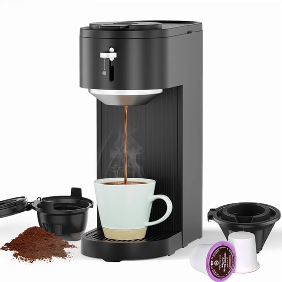 KNDKO Single Serve Coffee Maker for K Cup POD or Ground Coffee, Coffee Machine with 14oz Water Tank, Adjustable Funnel Handle, Self-Clean