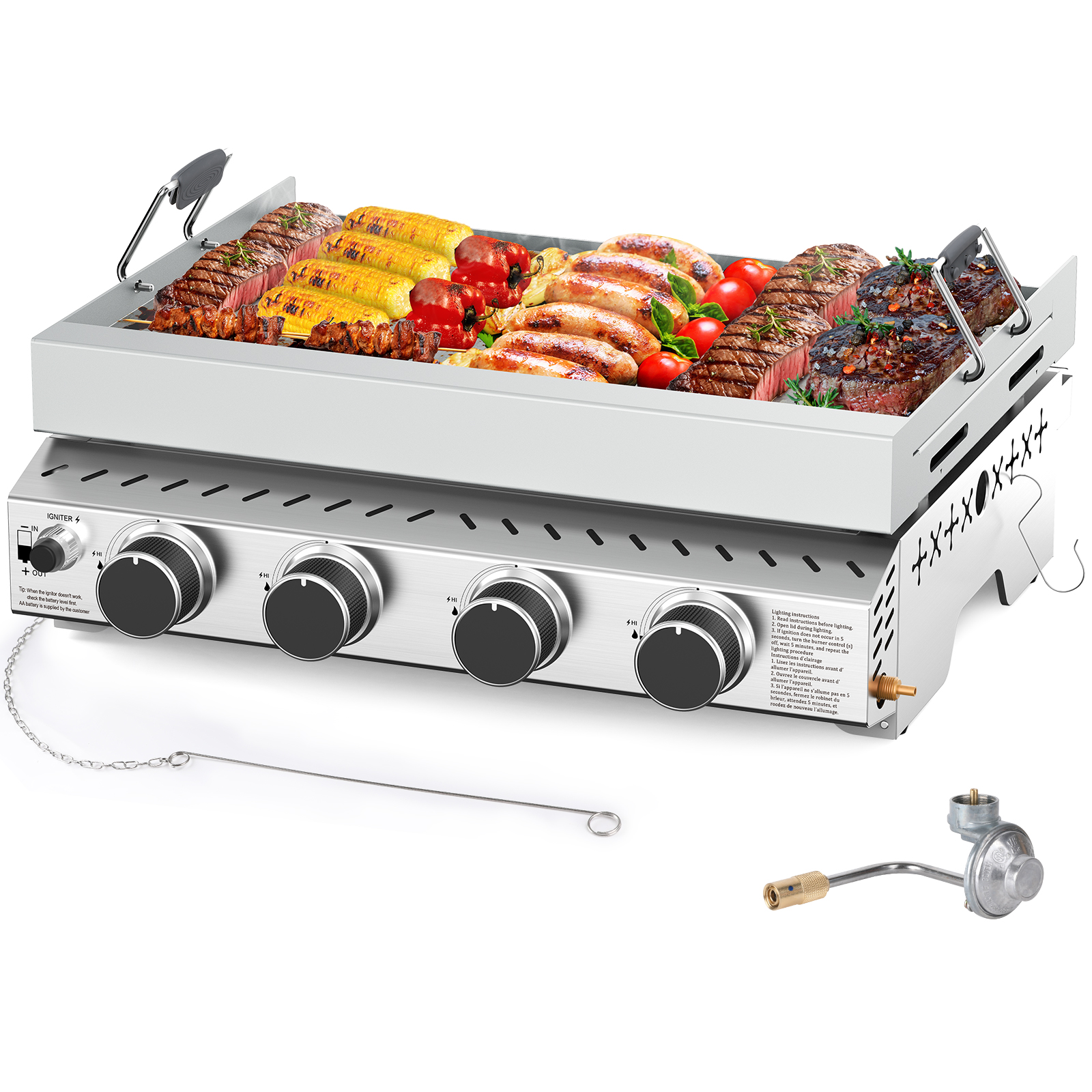 KNDKO Stainless Steel 4-Burner Propane Gas Grill, 34001 BTU BBQ Grill with Tool Holders, Porcelain-Enameled Cast, Iron Grates for Outdoor Cooking