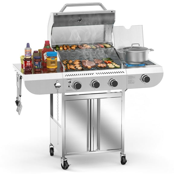 KNDKO Stainless steel 3 -Burner Liquid Propane Gas Grill with 1 -Side Burner