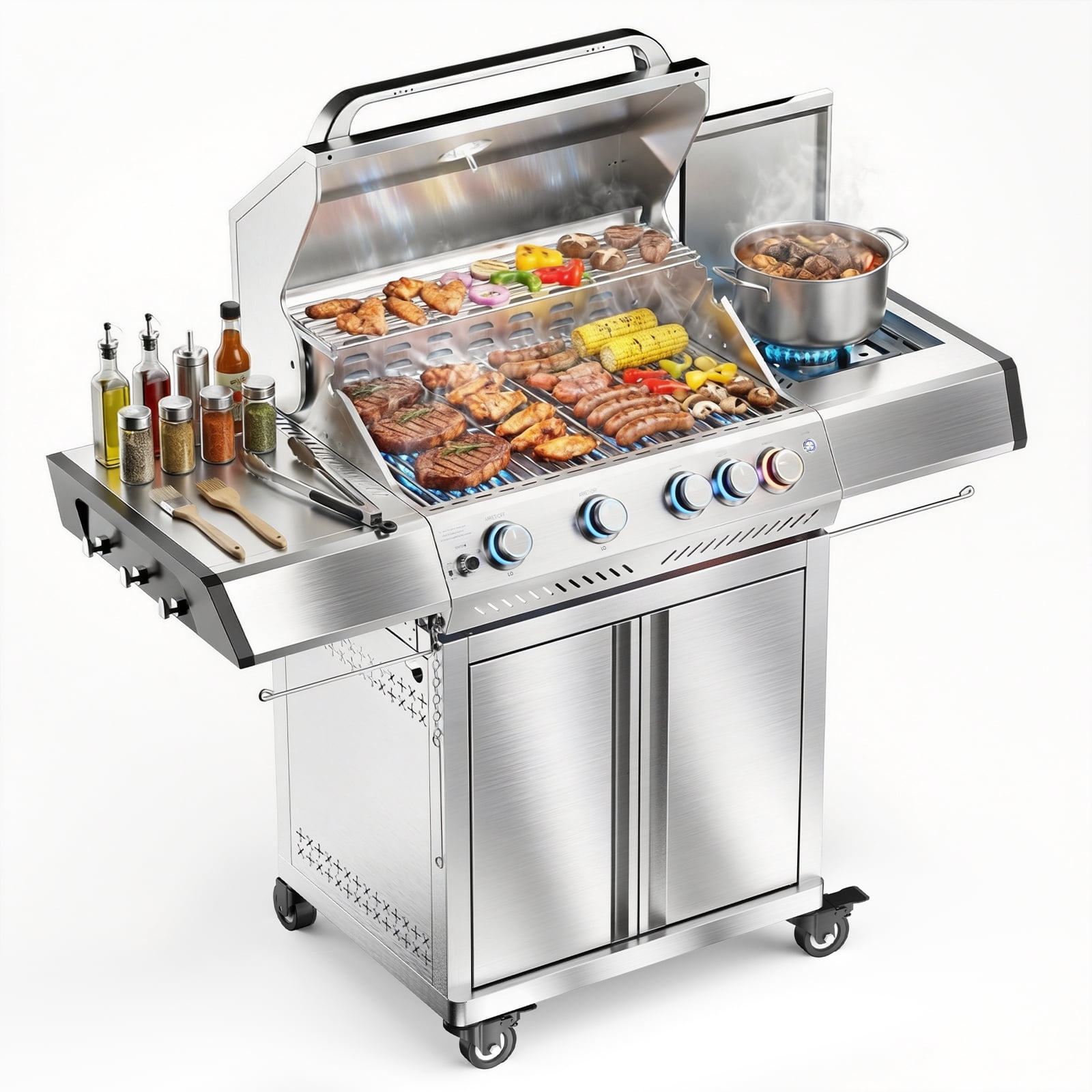 KNDKO Stainless steel with light 4 -Burner Liquid Propane Gas Grill with 1 -Side Burner