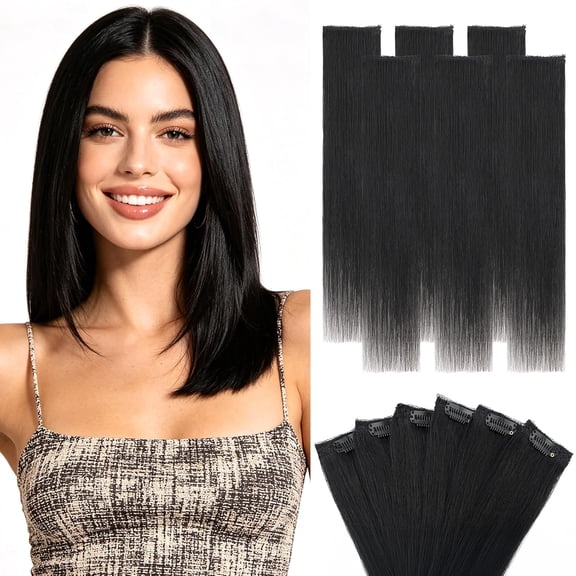 KNHFWH Jet Black Synthetic Hair Extensions, Seamless Clip in, 6 Pack, 10"
