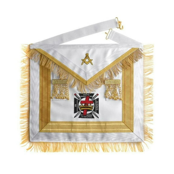 KNIGHTS TEMPLAR COMMANDERY APRON - WHITE & GOLD MACHINE EMBROIDERY WITH FRINGE
