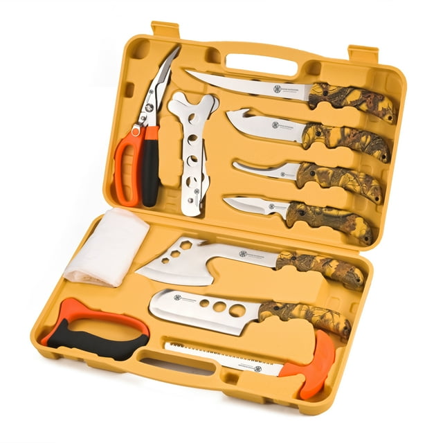 KNINE OUTDOORS 2022 Hunting Deer Knife Set Yellow Handle Field Dressing Kit Portable Butcher Game Processor Set, 12 Pieces