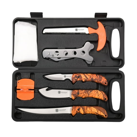 KNINE OUTDOORS Hunting Deer Knife Set Red Maple Camo Handle Field Dressing Kit Portable Game Processor Set with Nylon Belt Sheath, 8 Pieces