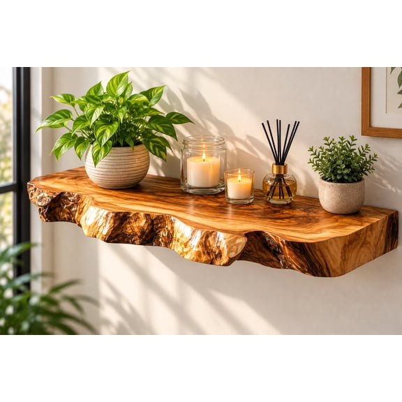 KNITTWORLD Modern Rustic Natural Teak Wood Live Edge Floating Wall Shelf with Mounting Brackets, Rustic Solid Wood, 10" W x 8" D x 1.5" Thick