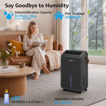 KNKA 2500 Ft² Max 34 Pints Dehumidifier for Basement with Drain Hose, Black | Dehumidifiers for Home, Bedroom, Bathroom, Large Room, Three Modes, Intelligent Humidity Control, Dry Clothes, 24HR Timer