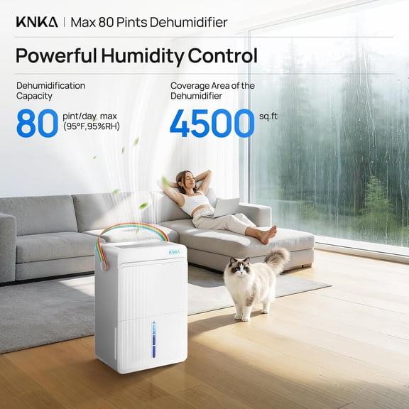 KNKA 4500 Sq.Ft Max 80 Pint/Day Compressor Dehumidifier with Drain Hose, Dehumidifiers for Basement, Bedroom, Bathroom, Large Room, Intelligent Humidity Control, Dual Timer, Sleep Mode