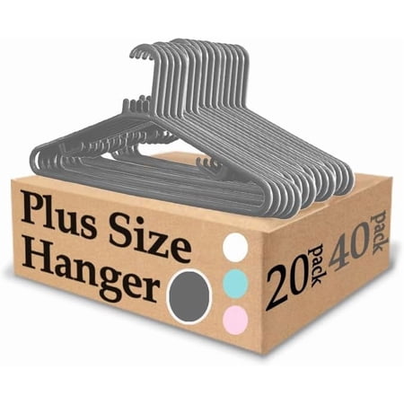 KNM Extra Wide 19 Inch Hangers for Plus Size Clothes, Gray, 20 Pack | Durable, Space-Saving Plastic, For XL, XXL, Oversized Shirts, Coats, Jackets