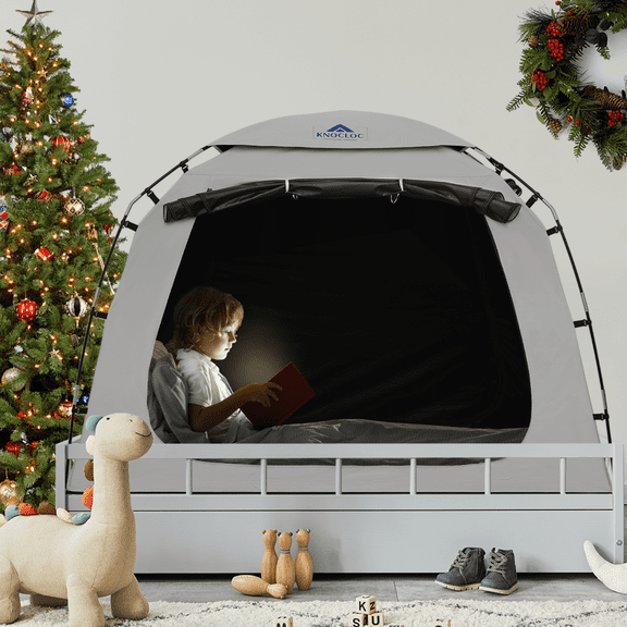 KNOCLOC Blackout Bed Tent Twin for Kids, with Large Top Vent & Removable Cover for Better Ventilation & Long Term Use, Sensory Bed Tent for Children, Adult Calming & Sleeping (Silver, Twin)