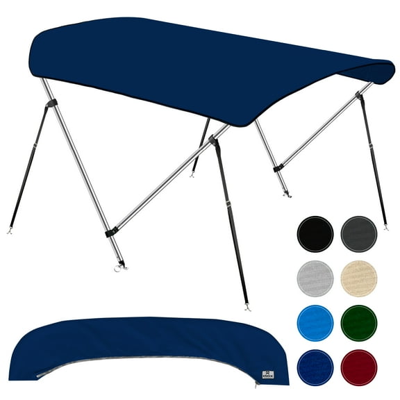 KNOX 2 Bow Bimini Tops for Boats, Boat Canopy Kit, 600D Canvas, Stainless Steel Bimini Top Hardware, Storage Boot, Fits Most Small Boats & Inflatable Boats, 63" L x 43" H x 39"-55" W (Navy Blue)