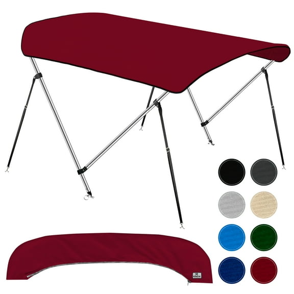 KNOX 2 Bow Bimini Tops for Boats, Boat Canopy Kit, 600D Canvas, Stainless Steel Bimini Top Hardware, Storage Boot, Fits Most Small Boats & Inflatable Boats, 63" L x 43" H x 39"-55" W (Burgundy)
