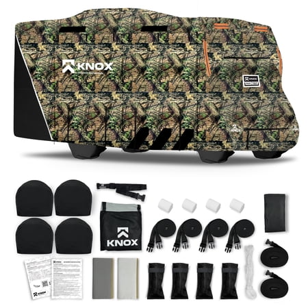 KNOX 3rd Gen Camouflage Class C RV Cover, Anti-Tear 600D Oxford Fabric, Fits Travel Trailer, RV, or Motorhome - Camper Cover Includes Wheel, Ladder & Gutter Covers, Night Glow Logo, Size 29-32 ft