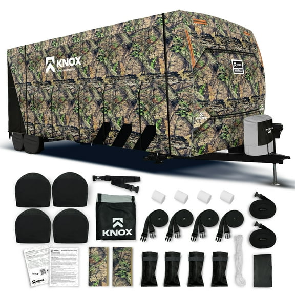 KNOX 3rd Gen Camouflage Travel Trailer Cover, Anti-Tear 600D Oxford Fabric, Fits Motorhome RV, Toy Hauler, Campers - Includes Wheel, Ladder & Gutter Covers, Night Glow Logo, Size 14-16 ft