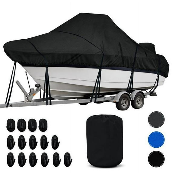 KNOX Center Console Boat Cover, Built-In Outboard Motor Cover, 600D Waterproof Trailerable Boat Cover with Tie-Down Straps & Storage Bag, Fits Boats 16ft - 18.5ft Long, 98" Beam Width, Black