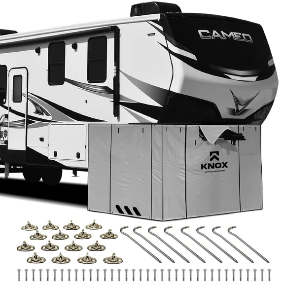 KNOX RV Skirt, All-Weather Protection 5th Wheel Skirt With Twist Fasteners, Anti-Tear RV Skirting With Reflective Strips, Zippered Panels, Anti-UV Winter Storage RV 5th Wheel Accessories, 5.5x22.1-Ft