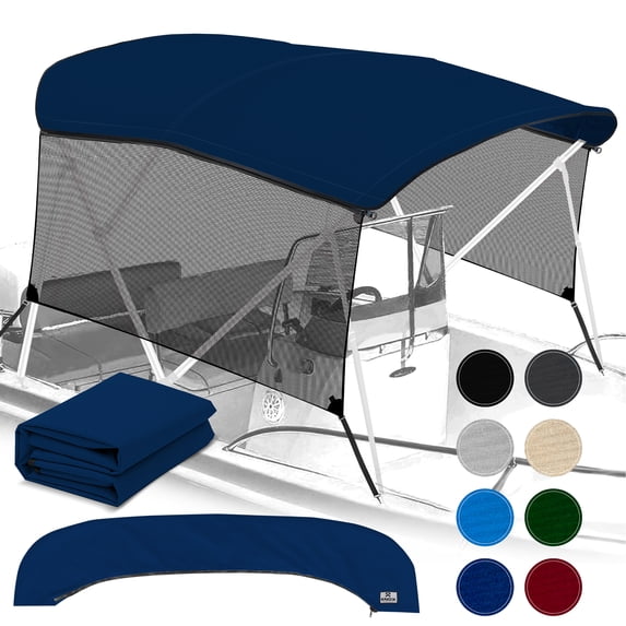 KNOX Universal 3 Bow Bimini Top Replacement Canvas & Detachable Sidewalls with Storage Boot, 600D Marine Grade Sun Shade Boat Canopy with Mesh Side Blocks, No Frame, 73-78"W, Navy Blue
