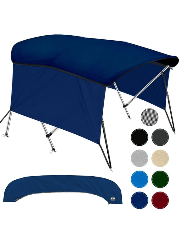 KNOX Universal 3-Bow Bimini Tops for Boats Cover Side Walls, Support Poles, Fade-Proof 900D Marine Canvas, Storage Boot, Sun Shade Canopy For Pontoon, V-Hull, Fishing, Jon Boat, 61-66"W (Navy Blue)