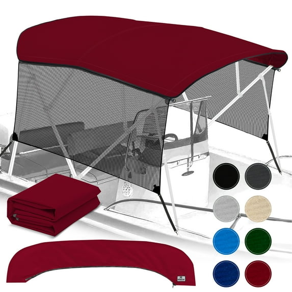 KNOX Universal 4 Bow Bimini Top Replacement Canvas & Detachable Sidewalls with Storage Boot, 600D Marine Grade Sun Shade Boat Canopy with Mesh Side Blocks, No Frame, 91-96"W, Burgundy