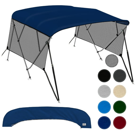KNOX Universal 4 Bow Bimini Tops for Boats with Detachable Mesh Sidewalls, 600D Marine Canvas, Sun Shade Boat Canopy Kit, Bimini Top Hardware, Frame, Support Poles, Storage Boot, 91-96"W, Navy Blue